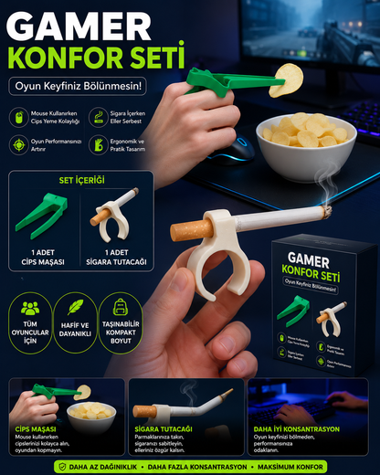 Gamer Konfor Seti Cips Maşası ve Sigara Tutacağı – Oyuncular İçin Pratik Oyun Aksesuarı, Mouse Kullanırken Atıştırmalık Tutucu Set